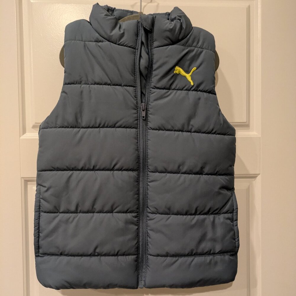 Puma Puffer Vest Yellow Logo Size Youth X small 5-6  Zip Pockets